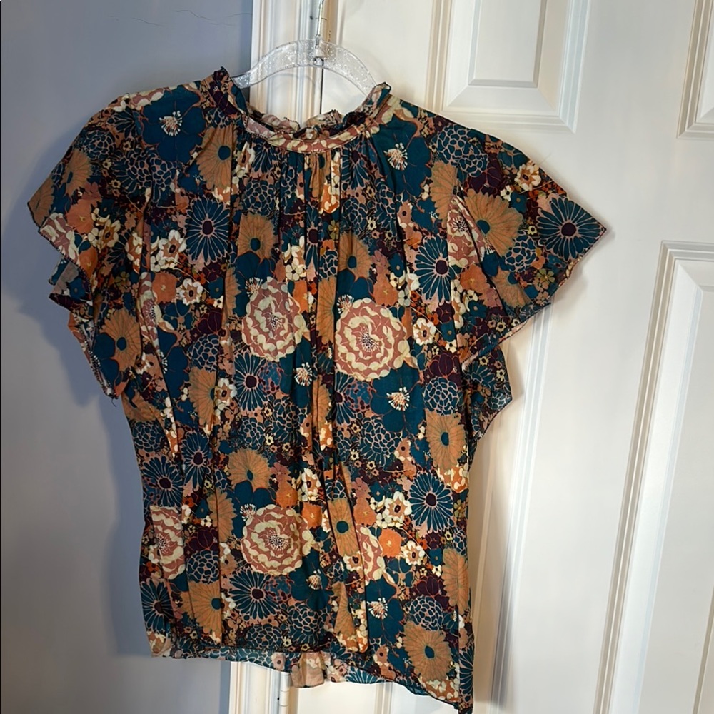 Trovata Brown and Cream Ruffled Blouse with Mandarin Collar